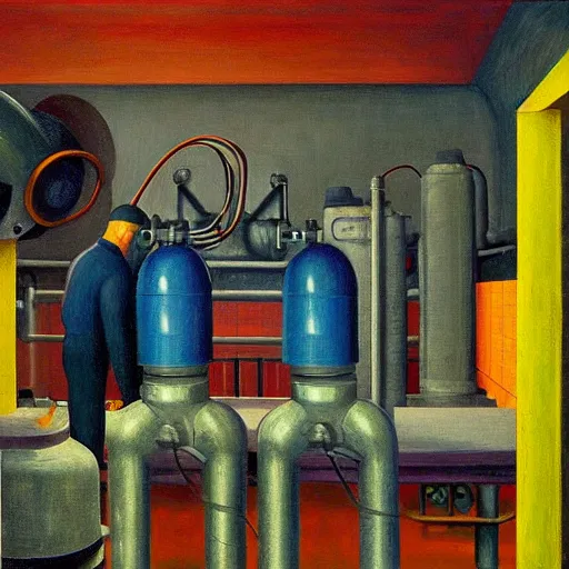 Image similar to engine room, turbines, robot repairmen, reactor core, grant wood, pj crook, edward hopper, oil on canvas