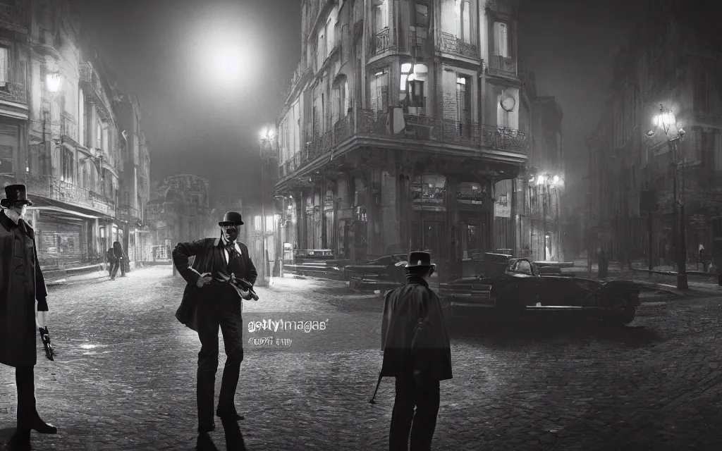 Image similar to One man in a trenchcoat armed with a ruby pistol in an early 20th century parisian street at night. Two cars are drifting around a lovecraftian creature with their lights on. A train station is visible in the background. 4k, dynamic, pulp, studio lighting, cinematic composition, vivid colors, low angle shot, (fish eye).