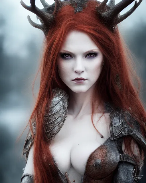 Image similar to 5 5 mm portrait photo of an armored redhead woman with antlers on her head, by luis royo. highly detailed 8 k. intricate. lifelike. soft light. nikon d 8 5 0. cinematic post - processing