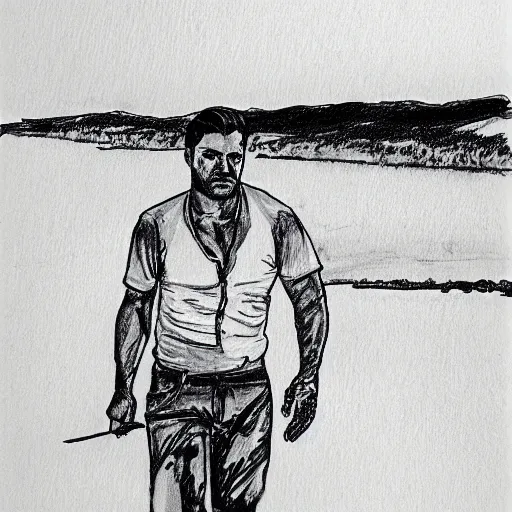 Image similar to ink and brush drawing of oscar isaac walking on the beach smoking, sunset