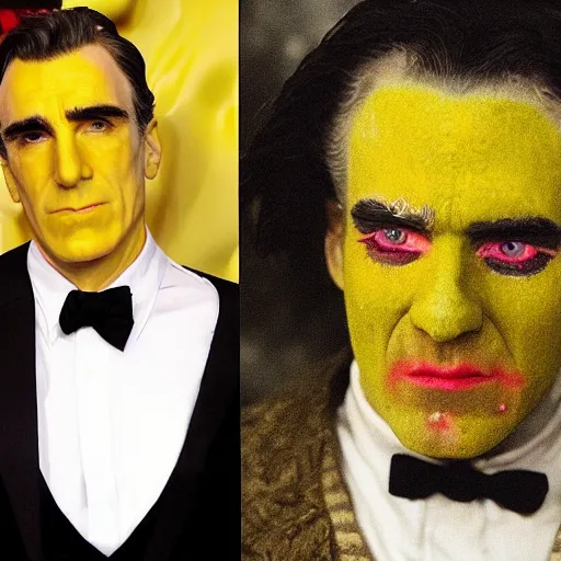 Prompt: film stills, daniel day lewis in the dramatic live - action biopic film of spongebob. not a cartoon. mr. day lewis went through 9 hours of makeup to look like a human yellow sponge