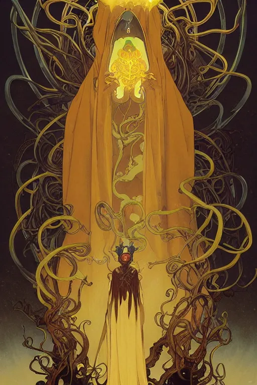 Image similar to A full body portrait of a mysterious character with no face with a very long hooded yellow cloak, a golden crown floating above his head, tentacles coming out the ground art by Artgerm and Greg Rutkowski and Alphonse Mucha and Craig Mullins and James Jean and Andrei Riabovitchev and Marc Simonetti and peter mohrbacher, sharp focus, ominous, cosmic horror, trending on artstation, Ultra detailed, hyper realistic 4k