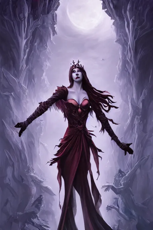 Image similar to beautiful vampire female queen, full body shot, ascending form the sky, hands reaching for her, wide angle shot, aerial view, lost souls, horror, d & d, fantasy, intricate, elegant, highly detailed, digital painting, artstation, concept art, matte, sharp focus, illustration, hearthstone, art by artgerm and greg rutkowski and alphonse mucha