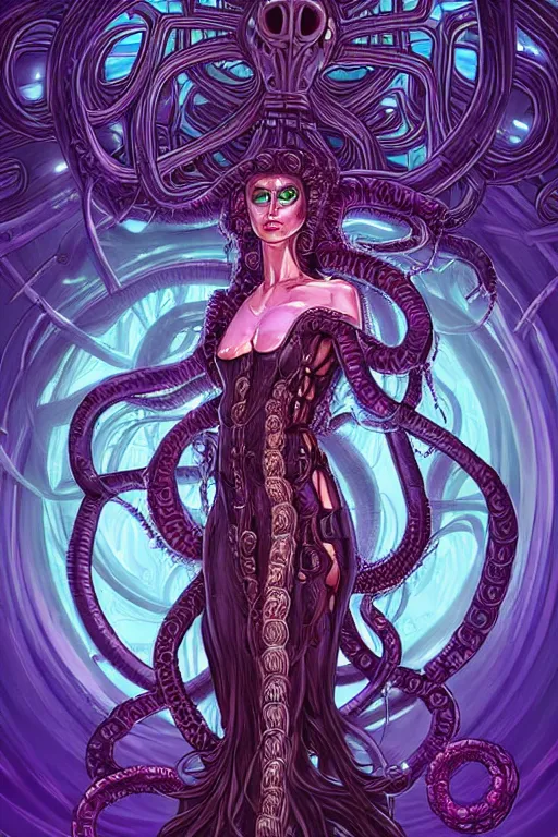 Image similar to Perfectly-centered Hyperdetailed symmetrical cinematic RPG portrait-illustration of a beautiful aetherpunk cyberpunk Medusa in a long neon-noir lovecraftian dress while her hair is made of huge ravepunk snakes. She's standing next to otherworldly towers in a surreal landscape with a cosmic horror blurred background, in the style of an epic sci-fi comic-book cover, 3D rim light, smooth digital art, sharp focus, 8K, masterpiece, Professional post-processing and HDR digital airbrush painting, Gsociety, ArtstationHQ, 3d final render, 3d shading, unreal 5, octane render, psychedelic highlights and overtones, dramatic, dynamic and atmospheric lighting, anamorphic lens.