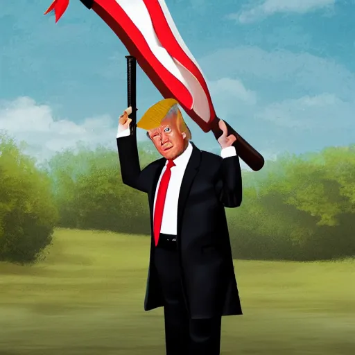 Image similar to Donald Trump holding a fancy broadsword, photorealistic