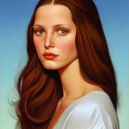 Prompt: a beautiful portrait of a young woman with long brown hair, by greg hildebrandt