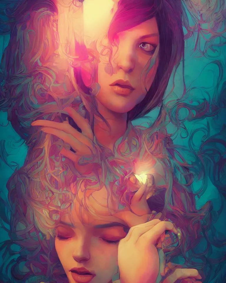 Image similar to lsd, acid trip, a beautiful woman with ( skunk ) features, dramatic lighting, by ilya kuvshinov, artgerm, wlop, greg rutkowski, ultra detailed colorful intricate repeating geometric fractals in the background by moebius, beeple, artstation