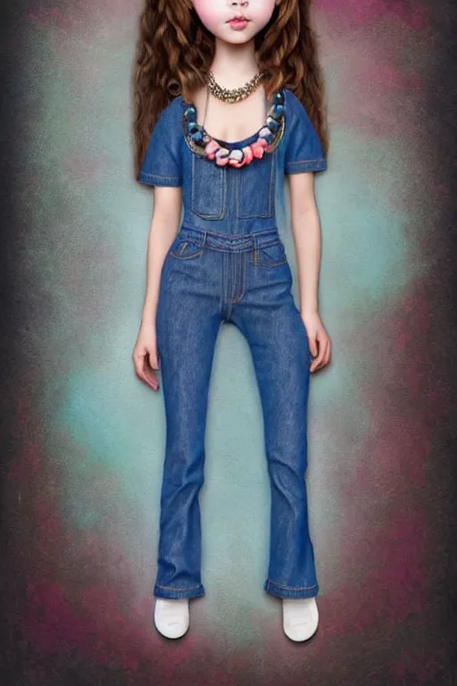 Image similar to matte sharp painting cute little girl hippy denim bellbottom bead necklace, painted by mark ryden, artgerm, artstation behance storybook l