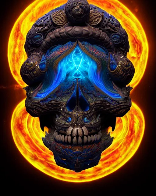 Image similar to 3 d ornate carved dark cosmic spirit with profile portrait, sigma 5 0 0 mm f / 5. beautiful intricate highly detailed quetzalcoatl skull. bioluminescent, plasma, lava, ice, water, wind, creature, thunderstorm! artwork by tooth wu and wlop and beeple and greg rutkowski, 8 k trending on artstation