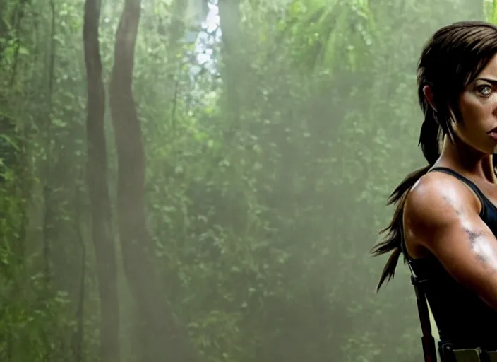 Image similar to films still of aubrey plaza as lara croft in new tomb raider movie, 8 k