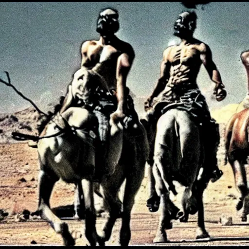 Prompt: humanoid ape men with guns riding on horses found footage 1980s dystopian las vegas n -6