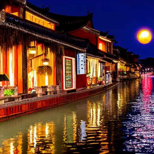 Image similar to beautiful and peaceful ancient water town in the south of china, zhouzhuang ancient town, movie style, warm color to move, boats, evening lanterns, the glow of the sunset on the water, lanterns in the sky at night, highly detailed, 4 k