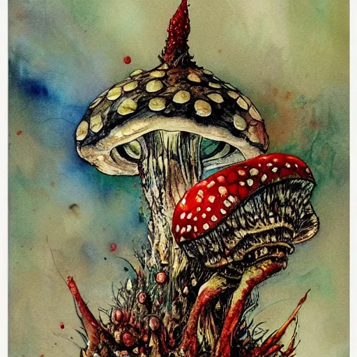 Prompt: Amanita Muscaria by Jean-Baptiste Monge and frank frazetta , post processing, painterly, book illustration watercolor granular splatter