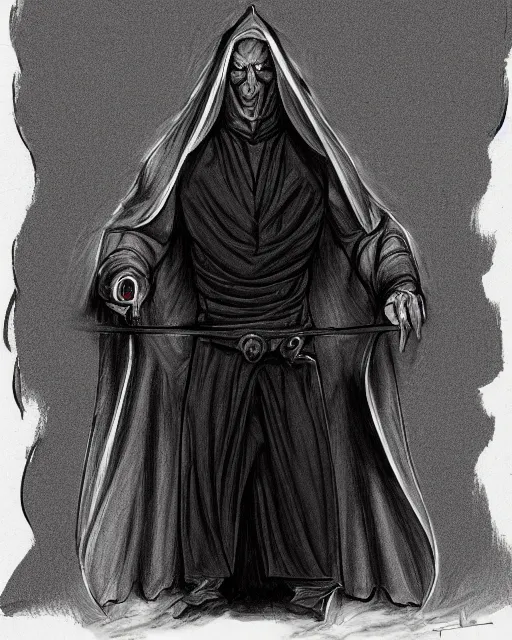 Image similar to character concept portrait of a man in dark robes, hooded, drawn by greg rukowtski