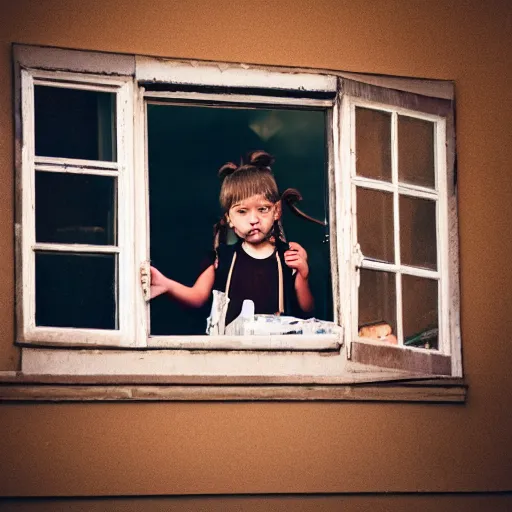 Image similar to a little girl with pigtails smoking a joint out of her rooms window, photography