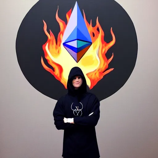 Prompt: < painting mode ='attention grabbing'> ethereum logo in flames with vitalik standing beside next to it wearing a hood like a dark wizard < / painting >