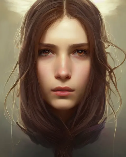 Prompt: symmetry!! portrait of 1 5 - year - old girl with voluminous bushy brown hair, large front teeth, and bright piercing brown eyes, highly detailed, digital painting, artstation, concept art, smooth, sharp focus, illustration, art by artgerm and greg rutkowski and alphonse mucha
