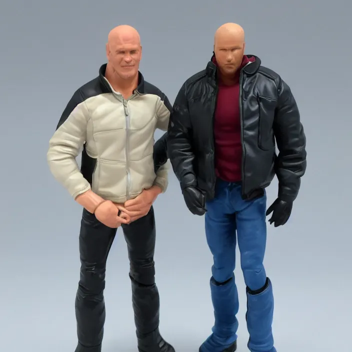 Image similar to a goodsmile figure of steve austin. a small, tight, undersized reflective bright blue round puffer jacket made of nylon. a black shirt underneath. dark jeans pants. a pair of big black rubber boots, figurine, detailed product photo