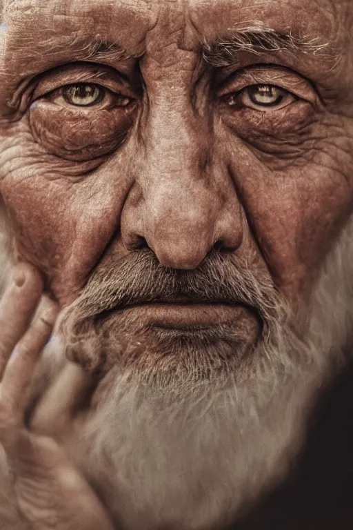 Image similar to a hyper realistic close up portrait of an old man with a solemn look and deep expression in his eyes, oil on canvas, highly detailed, strong lighting, cinematic, HD, 4K