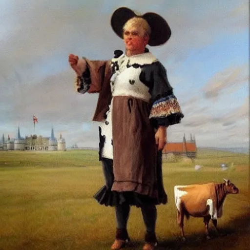 Image similar to painting by zorn, cow, dressed, anthropomorphic!!, wearing!!! clothes!!!, standing next to royal castle!!!