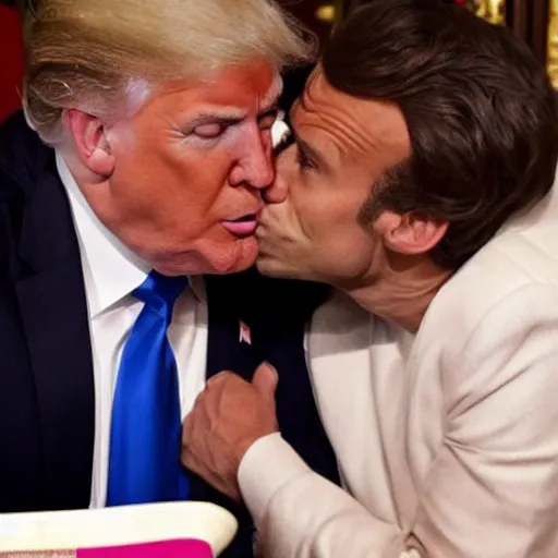 Prompt: Trump and Macron kissing