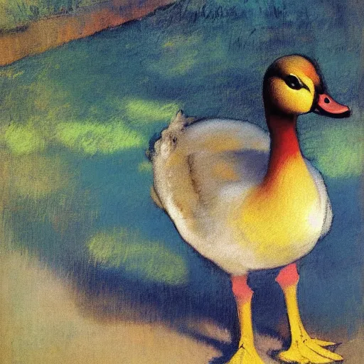 Prompt: a duck on the prowl oil painting edgar degas