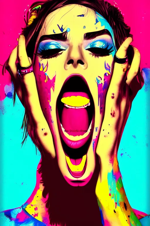 Image similar to girl screamin yolo - aesthetic, smooth painting, remove duplicate, 4 k, illustration, comical, acrylic paint style, pencil style, torn cosmo magazine style, pop art style, ultrarealism, by mike swiderek, jorge lacera, ben lo, tyler west