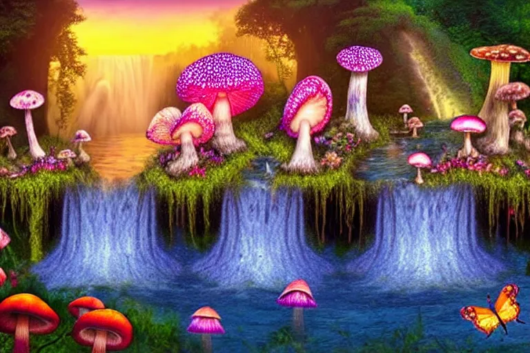 an enchanted mushroom garden with waterfalls, | Stable Diffusion | OpenArt