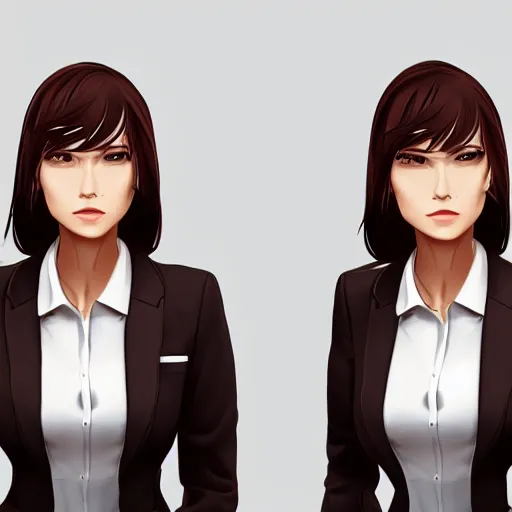 Image similar to woman in business suit, brown neat hair, pixiv, fanbox, trending on artstation, portrait, modern, sleek, highly detailed, formal, serious, determined, competent, colorized, smooth, charming, pretty, safe for work