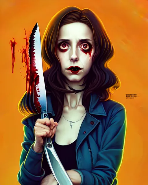 Prompt: loish, artgerm, Joshua Middleton art, Rafeal Albuquerque, pretty Alison Brie serial killer holding bloody knife in right hand realistic hand, blood on clothes and face, sarcastic smile, symmetrical eyes, symmetrical face, jean jacket, jeans, short blonde hair, middle shot, night time, deep blacks