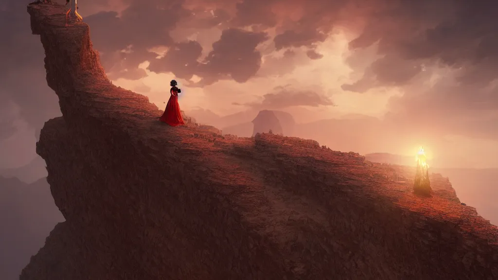 Prompt: a black woman standing in the end of a cliff with a long frilly white victorian dress, and a red dragon behind her, sunset sky, craig mullins, octane render, 8 k