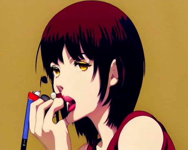 Image similar to faye valentine, smoking | very very anime!!!, fine - face, audrey plaza, realistic shaded perfect face, fine details. anime. realistic shaded lighting poster by ilya kuvshinov katsuhiro otomo ghost - in - the - cowboy bebop, shell, magali villeneuve, artgerm, jeremy lipkin and michael garmash and rob rey