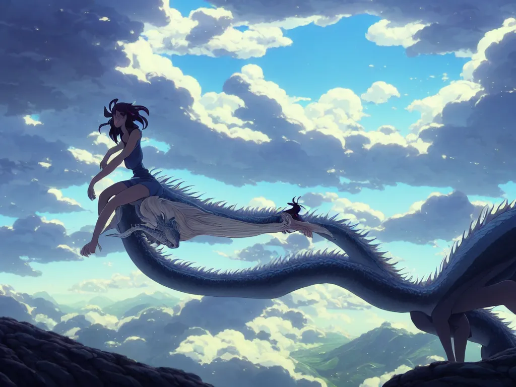 Image similar to a vast scene, panorama distant view, hyper detailed scene render of a beautiful girl sit on a huge silver dragon back, in the white clouds fairyland, animation portrait concept art, style of makoto shinkai, xision, james jean and peter mohrbacher, studio ghibli, artgerm, karol bak, beeple, 4 k hd, animation style