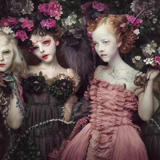 Image similar to 8k, octane render, depth layering, polarizing filter, AI enhanced, realism, tonalism, renaissance, rococo, baroque, group of creepy young ladies wearing long harajuku manga dress with flowers and skulls, background chaotic flowers