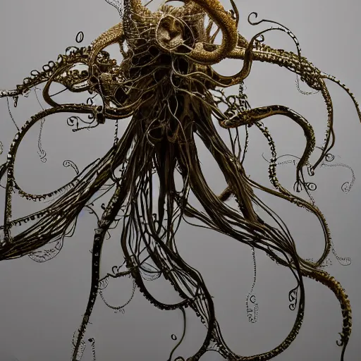 Prompt: incredibly detailed cybernetic symbiosis cybernetic octopus squid strandbeest made with fractals of snake and smoke and fine gold wire by Ellen Jewett and peter gric, trending on artstation, dof2, macro lens, Fine Arts, Rule of thirds, Vivid Colours