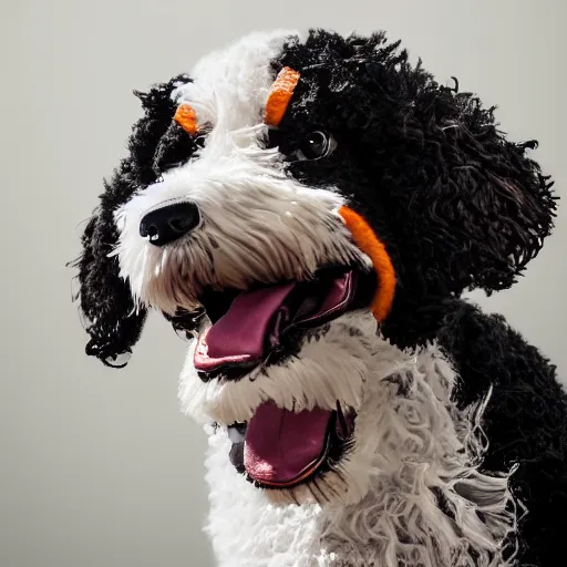 Image similar to a closeup photorealistic photograph of a cute smiling knitted bernedoodle judge dog dressed in a black gown, presiding over the courthouse. indoor image, professional capture, well lit shot. this 4 k hd image is trending on artstation, featured on behance, well - rendered, extra crisp, features intricate detail, epic composition and the style of unreal engine.