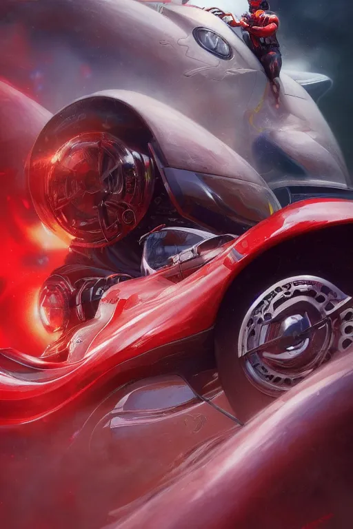 Image similar to Speed Racer, realistic and ultra intricate detailed soft painting, volumetric lighting, mist, chains and red fluid background, artstation, Tom Bagshaw Yasushi Nirasawa Moebius artstyle, unreal render, depth of field