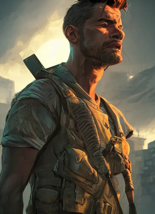 Image similar to A comic book style portrait painting of a male ranger in a grim post apocalyptic setting, unreal 5, DAZ, hyperrealistic, octane render, RPG portrait, dynamic lighting