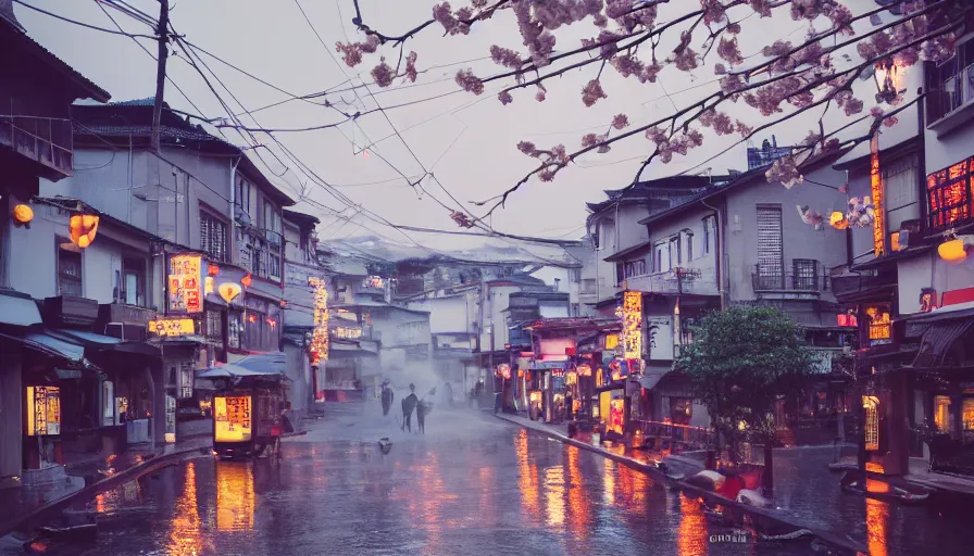 Prompt: a Wes Anderson 35mm film still of a very surreal magic small mountain town, like Kyoto, and Paris, golden hour, clean, falling cherry blossom pedals, in the style of Gucci, James Jean color palette, glowing warm lights and floating lanterns, foggy atmosphere, waterfalls, rainy, moody, muted colors, magic details, high detail, high resolution, 8k, cinematic look, octane render, psychedelic,