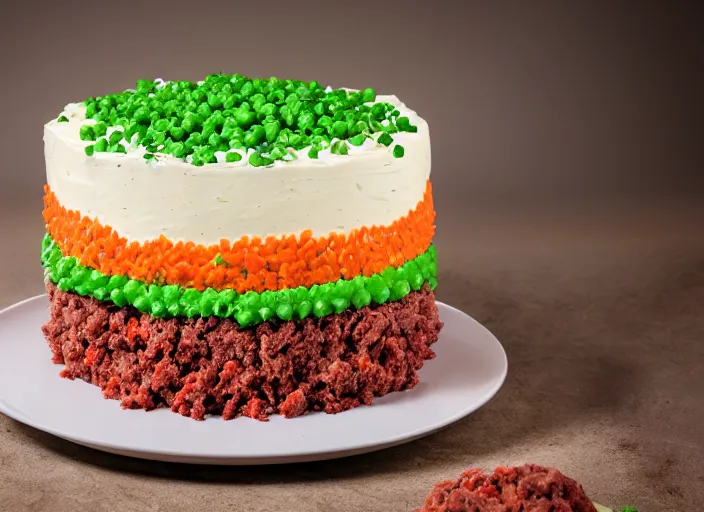 Image similar to dslr food photograph of a birthday cake iced with mashed potatoes and topped with ground beef carrots and peas, 8 5 mm f 1. 8