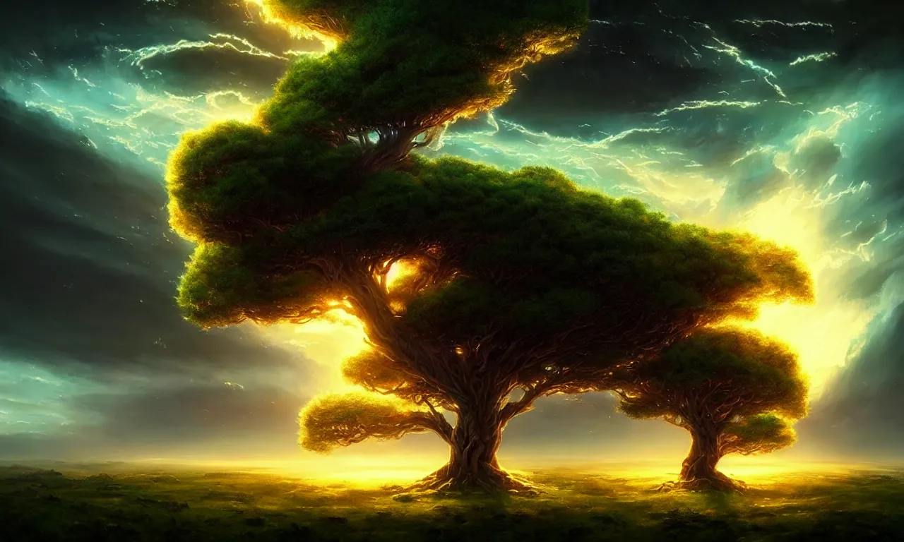 Prompt: godly tree of life seen from outer space engulfs the earth, cinematic view, epic sky, detailed, concept art, low angle, high detail, warm lighting, volumetric, godrays, vivid, beautiful, trending on artstation, by jordan grimmer, huge scene, grass, art greg rutkowski
