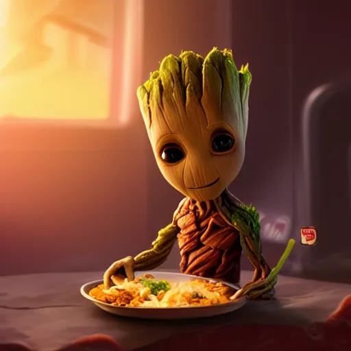 Image similar to Baby Groot eating a burrito while sitting on a soft red rug, hyperdetailed, artstation, cgsociety, 8k