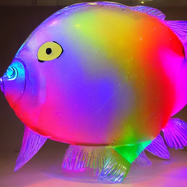 Image similar to megalophobia ultra detailed giant glowing rainbow crystal fish with laser eyes and a heart of gold