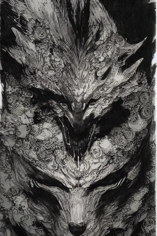 Prompt: portrait of a man in kitsune demon fox mask and black suit, pen and ink, intricate line drawings, by craig mullins, ruan jia, kentaro miura, greg rutkowski