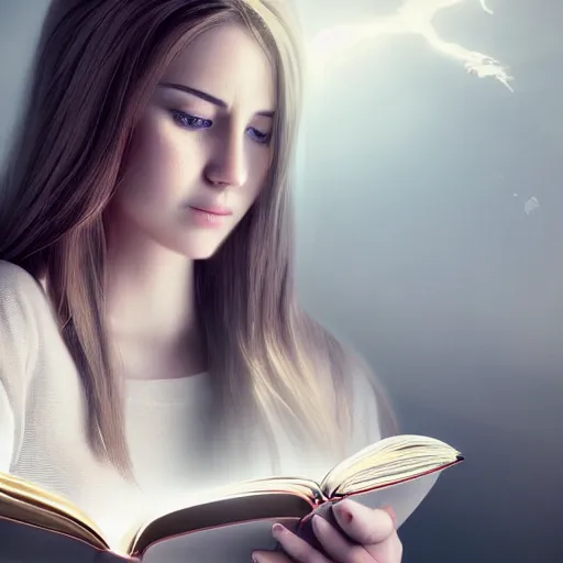 Image similar to ! dream a girl reading a book, her hair flowing down, hyper - realistic, very detailed, intricate, slight smile expression, photo realistic, dramatic cinematic lighting, octane render, 4 k, ultra detailed