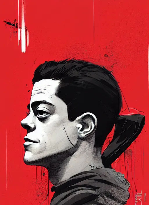 Image similar to highly detailed closeup portrait of downbeat rami malek, elliot alderson, black hoody by atey ghailan, by greg rutkowski, by greg tocchini, by james gilleard, by joe fenton, by kaethe butcher, gradient red, black and white color scheme, grunge aesthetic!!! ( ( graffiti tag wall background ) )