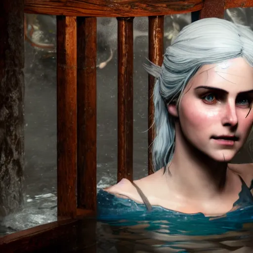 Image similar to concept art of Ciri from the Witcher 3 in wooden bath, 8k, uhd