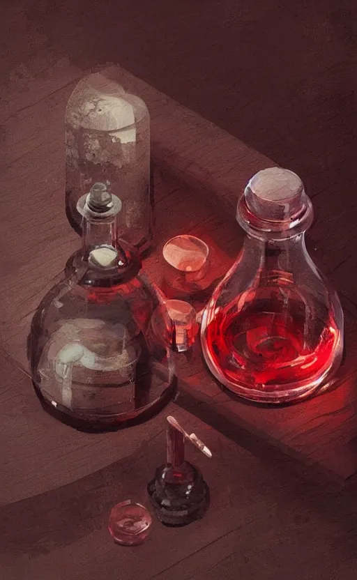 Image similar to a beautiful painting illustration of a stylized health potion on a wooden table, scratched vial, high contrast, crimson, by greg rutkowski, featured on artstation, rpg item