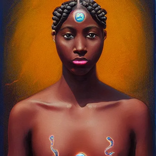 Image similar to “sango God of thunder plaited hair beads cowry Nigerian lightning facial details proportionate dark skinned symmetrical digital art oil painting Edward hooper”