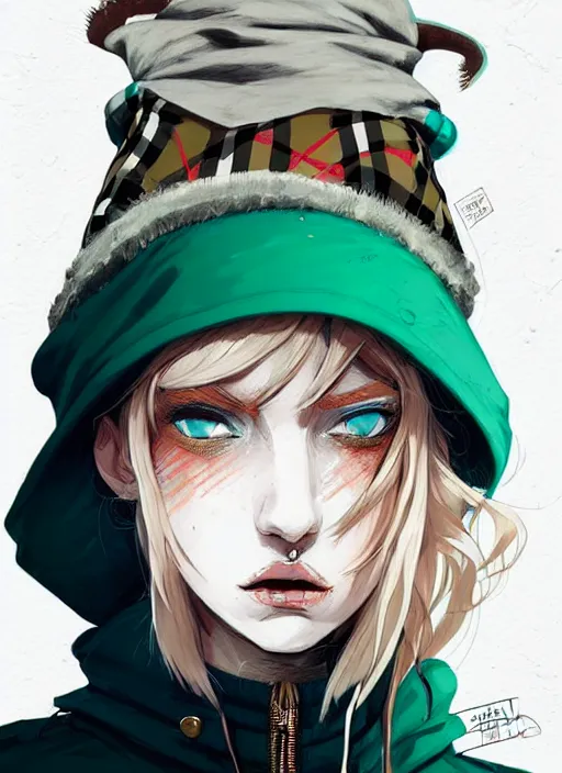 Prompt: highly detailed portrait of a sewer punk lady student, blue eyes, burberry hoody, hat, white hair by atey ghailan, by greg tocchini, by kaethe butcher, gradient green, black, brown, cream and blue color scheme, grunge aesthetic!!! ( ( graffiti tag wall flat colour background ) )